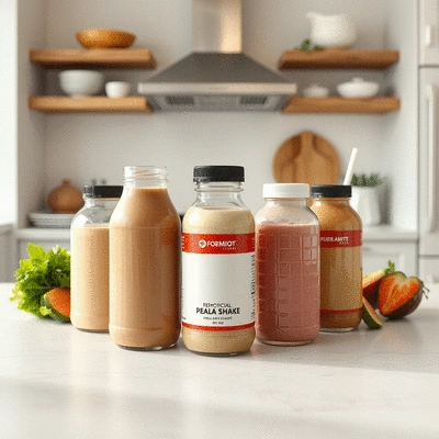Variety of meal replacement shakes on a kitchen counter