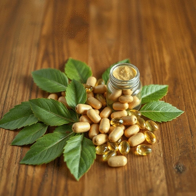 Ashwagandha supplements on a wooden table