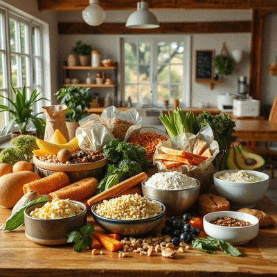 Image of various soluble fibre-rich foods on a table
