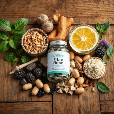 Soluble fibre supplements displayed with natural ingredients
