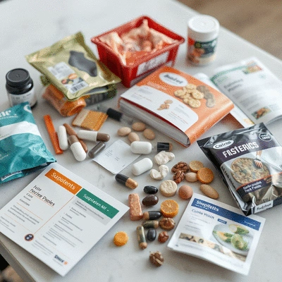 Various specialist supplements laid out on a table