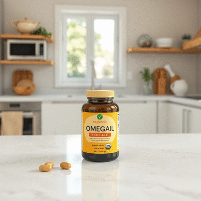 Mockup of omega oil supplements on a clean kitchen counter