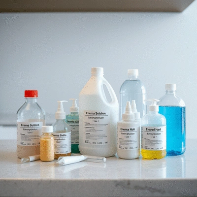 Various enema solutions and kits displayed on a clean countertop