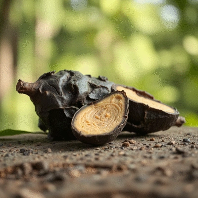 Black Maca root with a natural background