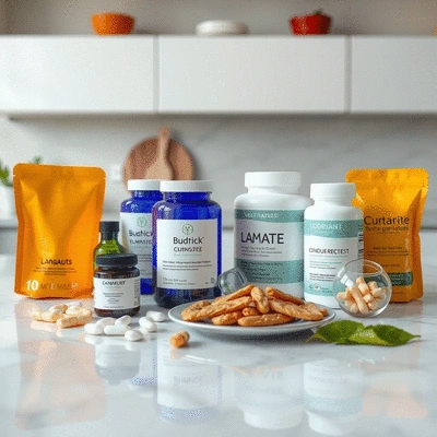 Assorted skin supplements on a modern countertop