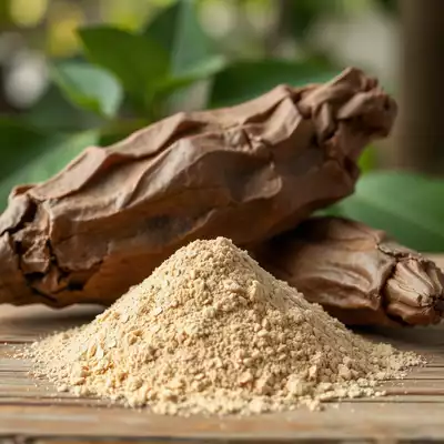Black Maca root and powder with natural background