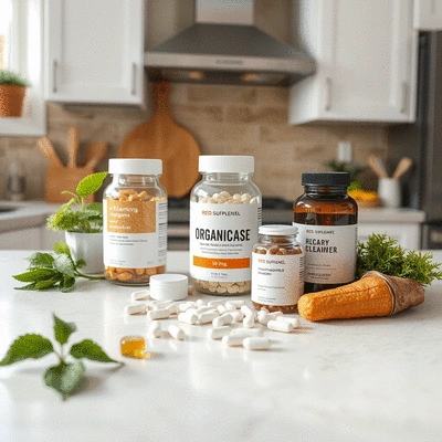 Organic supplements on a kitchen counter