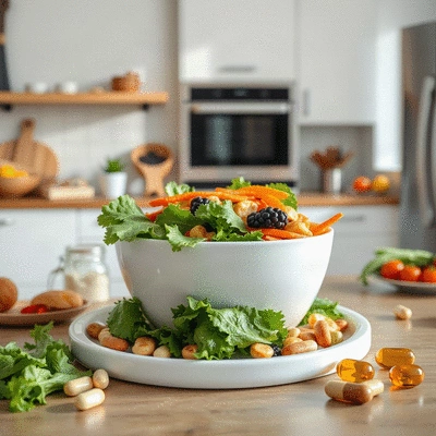 Healthy vegan meal with supplements
