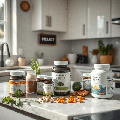 Lifestyle image of healthy supplements on a kitchen counter