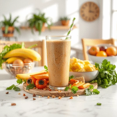Healthy meal shake on a table with fresh ingredients