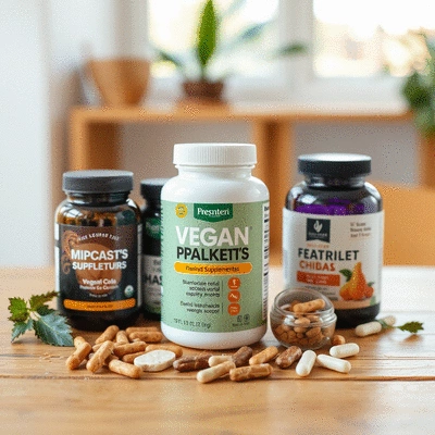 Vegan supplements on a wooden table