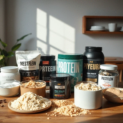 Selection of various protein powders on a table