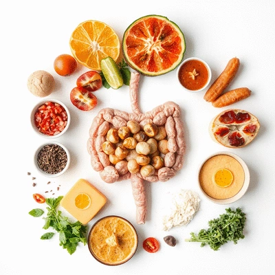 Lifestyle image showcasing a healthy gut with various food choices