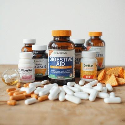 An assortment of digestive aid supplements on a wooden table