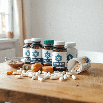 Kosher supplements on a wooden table