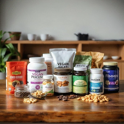 Image of diverse vegan supplements on a wooden table